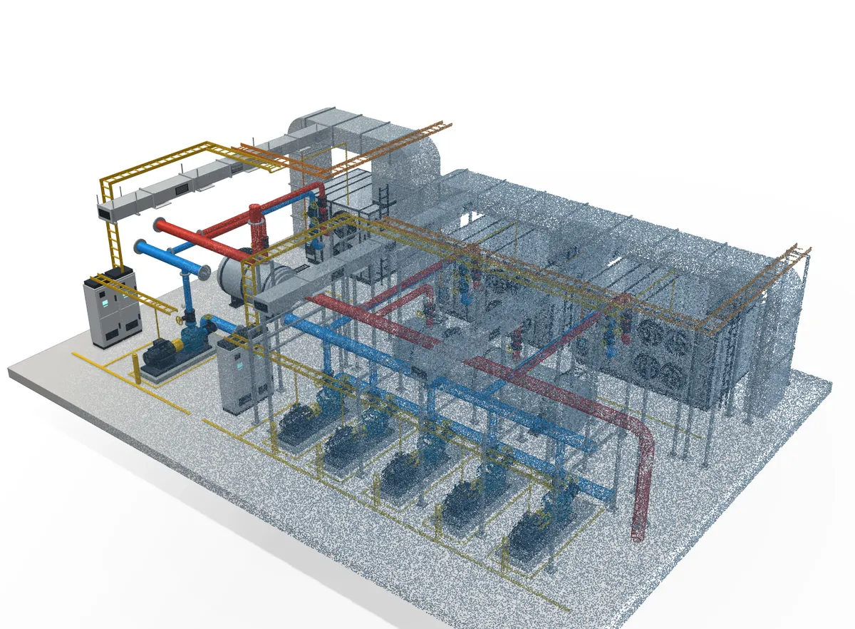A plant room shown as CAD geometry dissolving into its point-cloud capture: pumps, chilled-water headers, cable trays and air handlers.