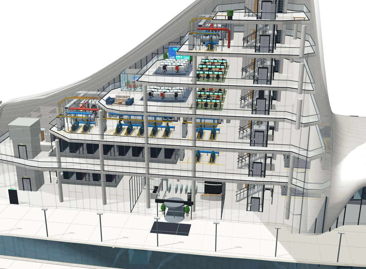 A cutaway of the data centre building: plant rooms, control rooms, offices, a data hall and the lobby inside its flowing shell.