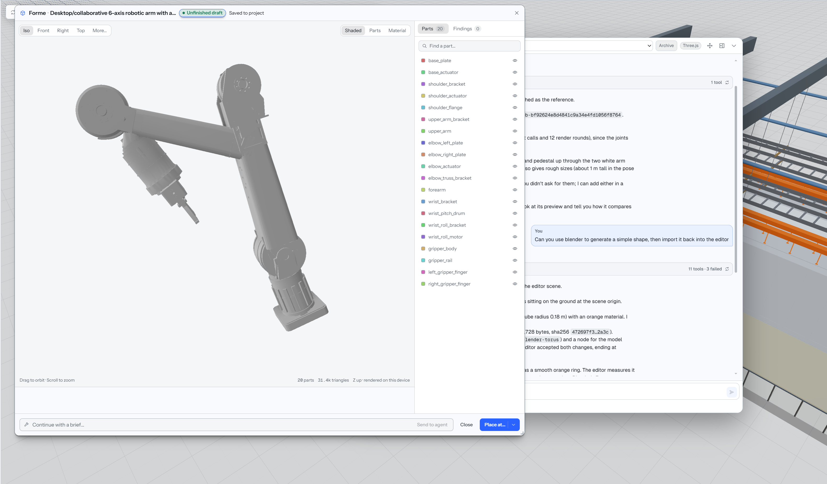 Forme preview of a six-axis robotic arm with separately listed parts in the Pandore editor.