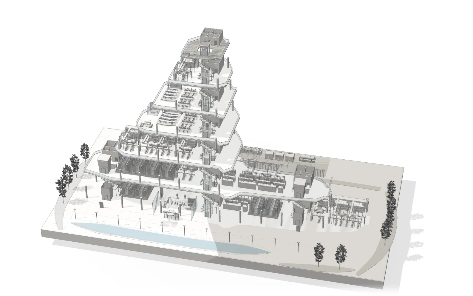 Exploded view of the data centre building in white: each floor lifted to show its plant, data halls, offices and cores above the landscaped plaza.