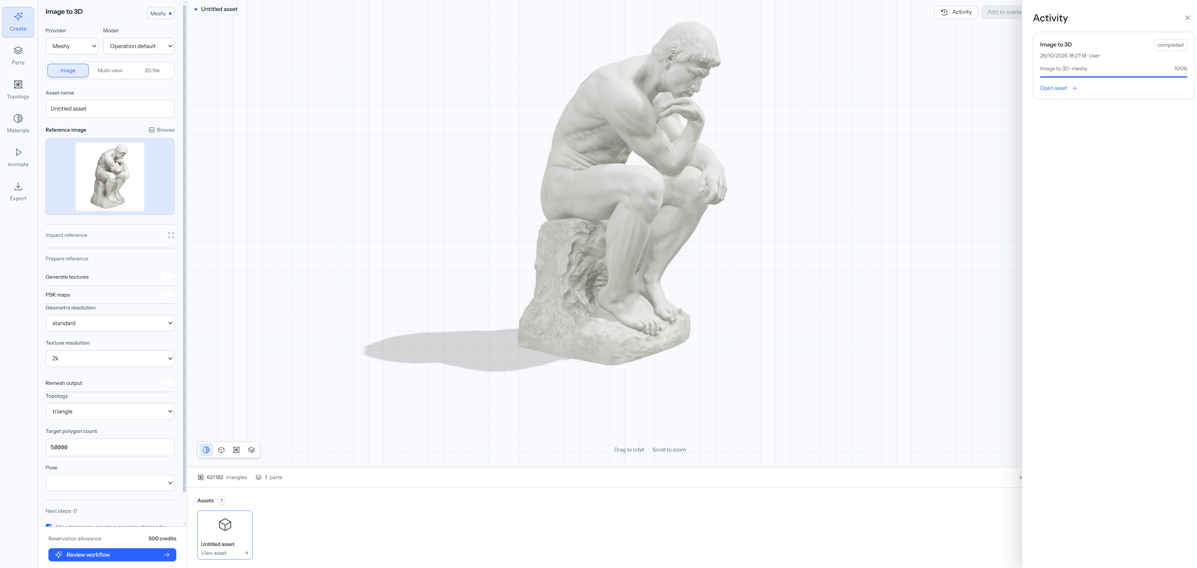 Pandore Asset Studio showing a seated statue generated from a reference image, with Meshy controls and a completed generation in the activity panel.