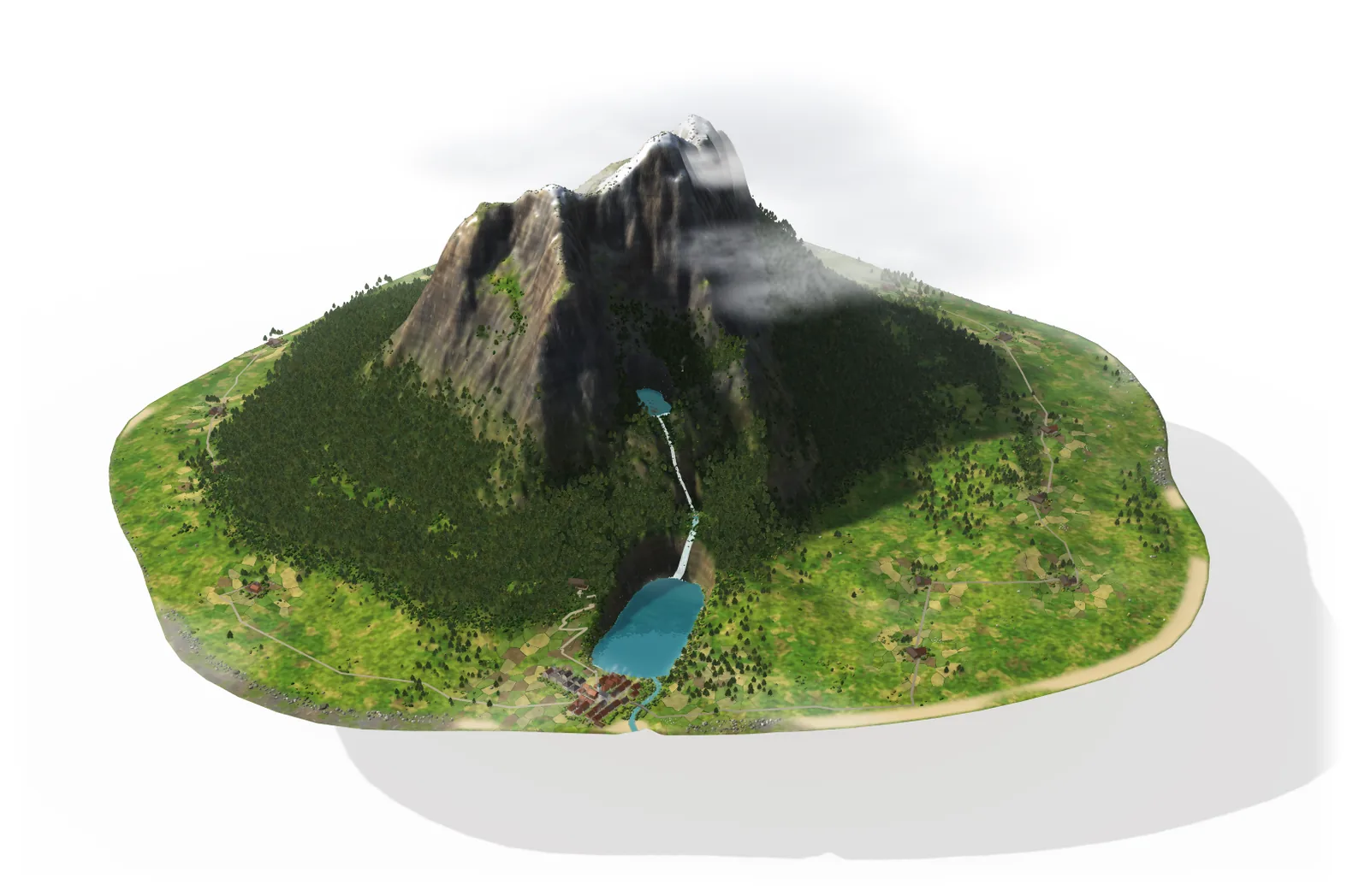 The Pandore island diorama: a mountain, forests, a waterfall and a lake above a village, ringed by fields and a beach.