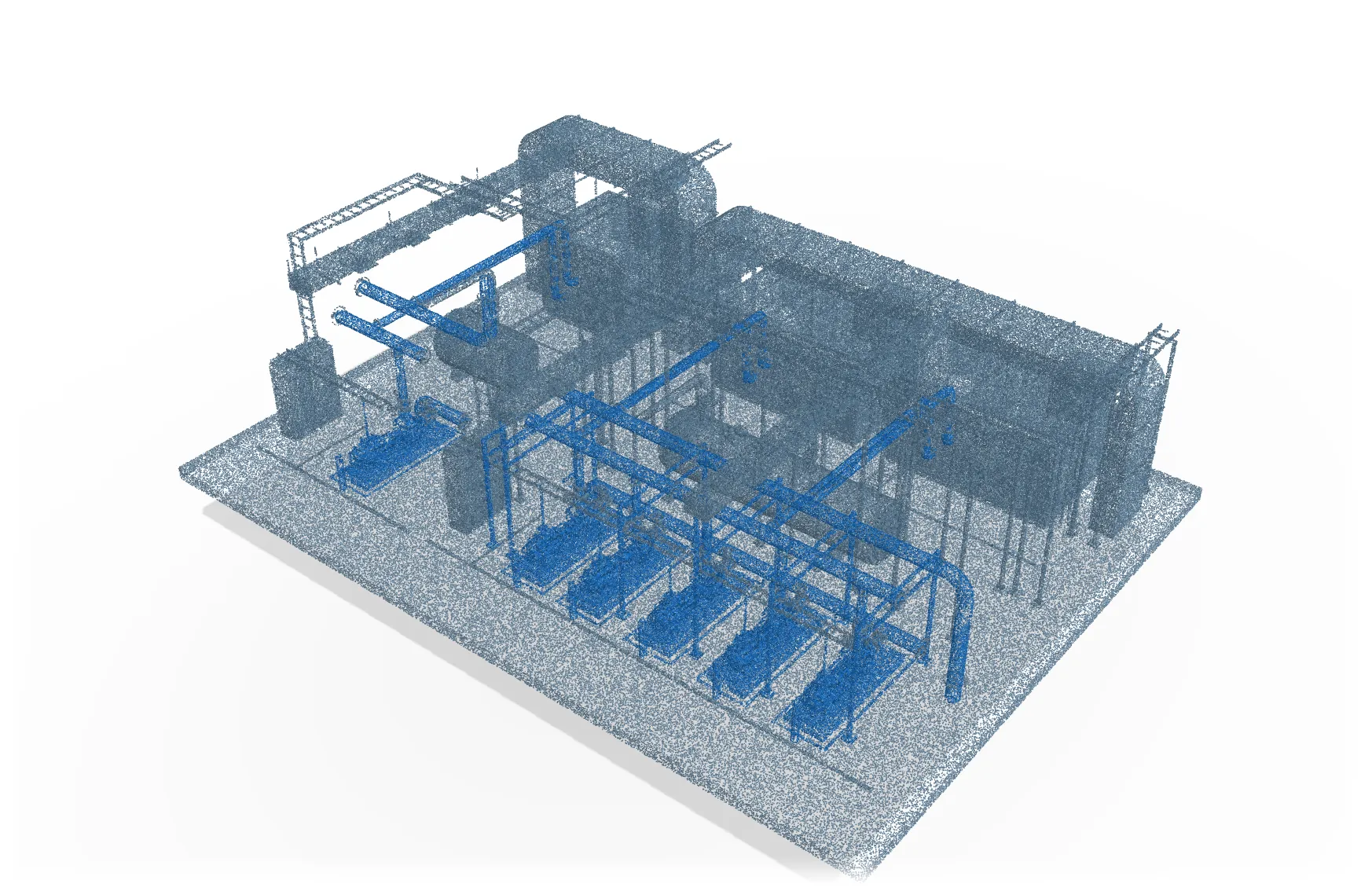 A plant room reconstructed as a point cloud, with the pumps and chilled-water pipework picked out as separate assets.