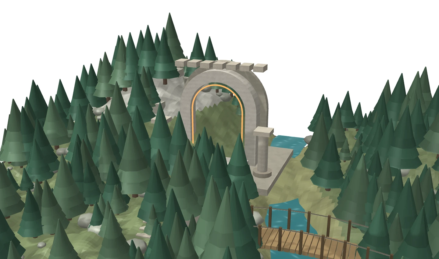 A detailed forest environment with an ancient stone sanctuary and glowing gateway.