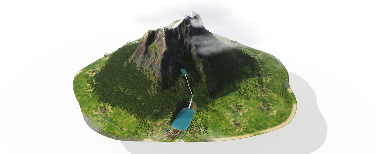 A forested mountain landscape with an ancient stone gateway, river and timber bridge.
